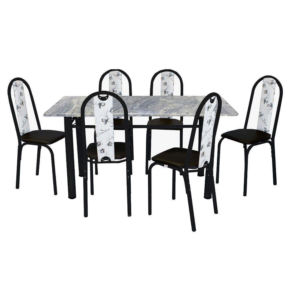 Conjunto De Mesa Michelly Com 06 Cadeiras 150x75cm Moura Preto Com Branco Floral - 1