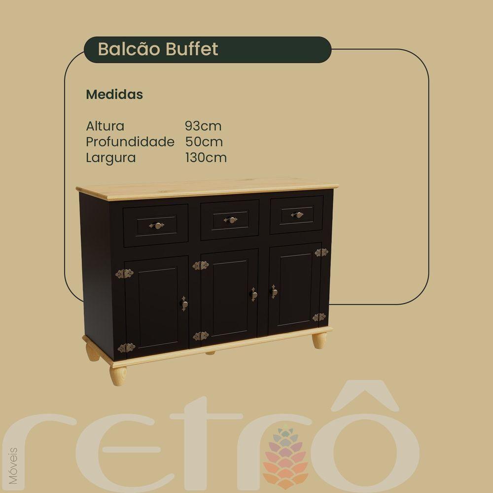 Balcão Buffet Retrô 3 Portas 3 Gavetas Preto/ Marfim - 4