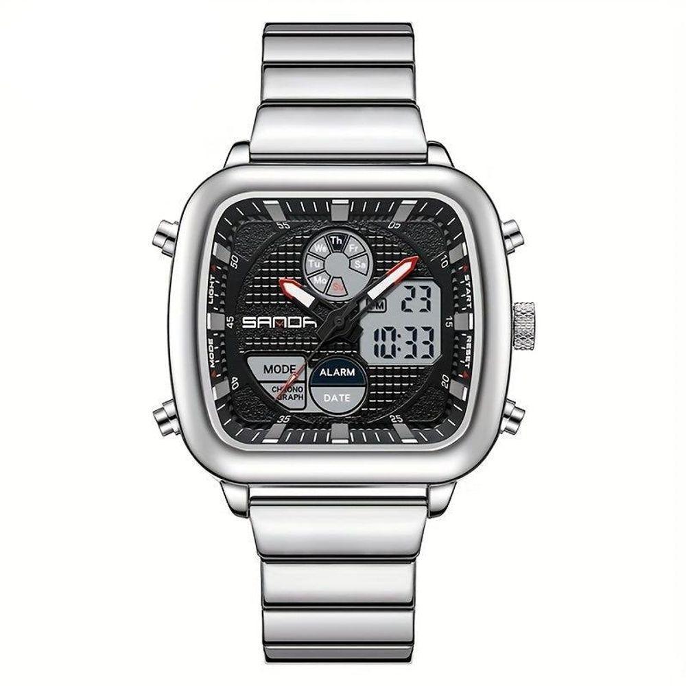 Relógio Esportivo De Movimento Duplo Sanda, à Prova D'água E Com Luz Noturna Prateado Preto A - 1