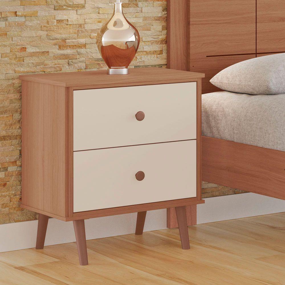 Mesa De Cabeceira Monza 2 Gavetas Em Mdf Com Pés Tuboarte Freijo Com Off White - 1