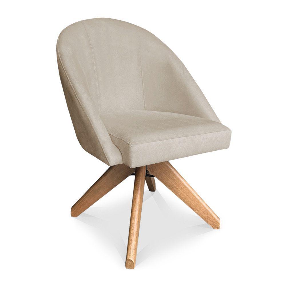 Poltrona Cadeira Giratória Bela Suede Bege Base De Madeira - Pallazio - 1