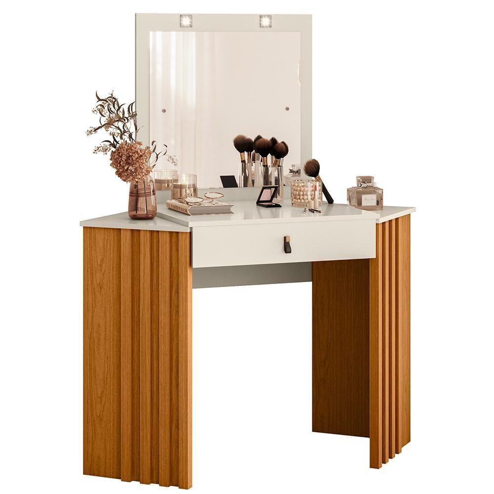 Penteadeira Camarim De Canto Glitter Com 1 Gaveta Com Led Cinamomo/off White - 2