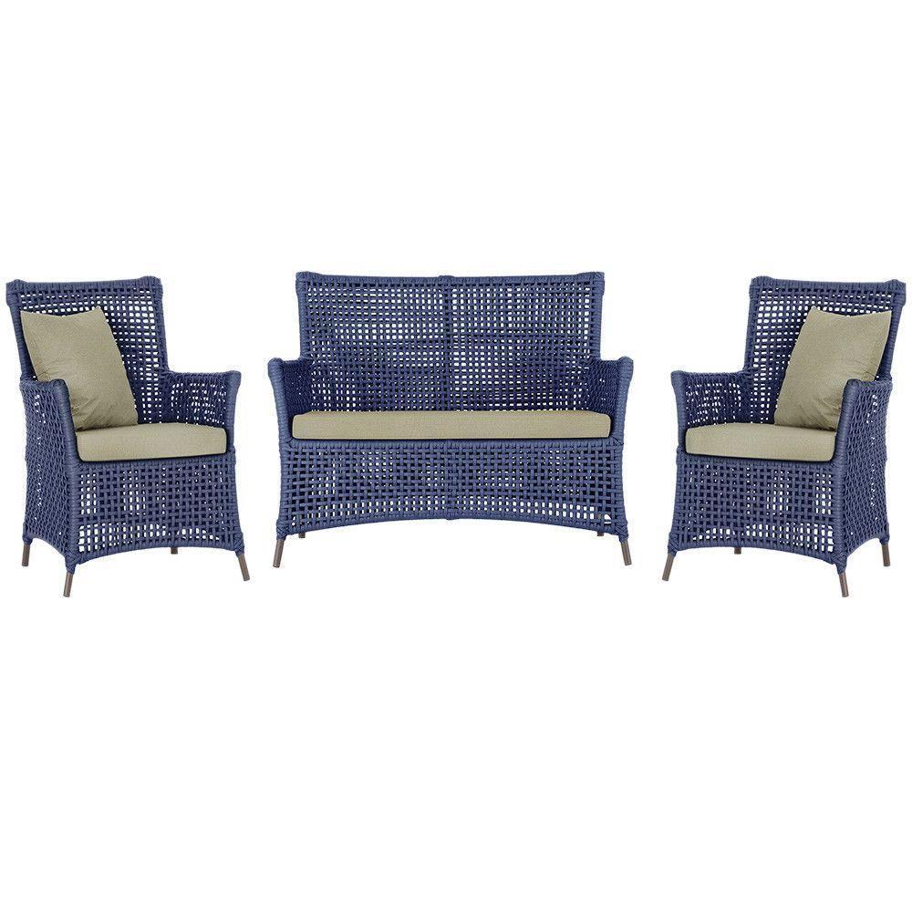 Jogo Sofá E 2 Poltronas Igapó Alumínio Marrom E7 Trama Azul - 1