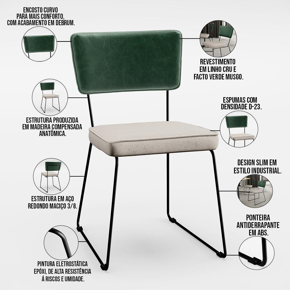 Kit 04 Cadeiras Estofada L02 Facto Verde Musgo Linho Cru - 7