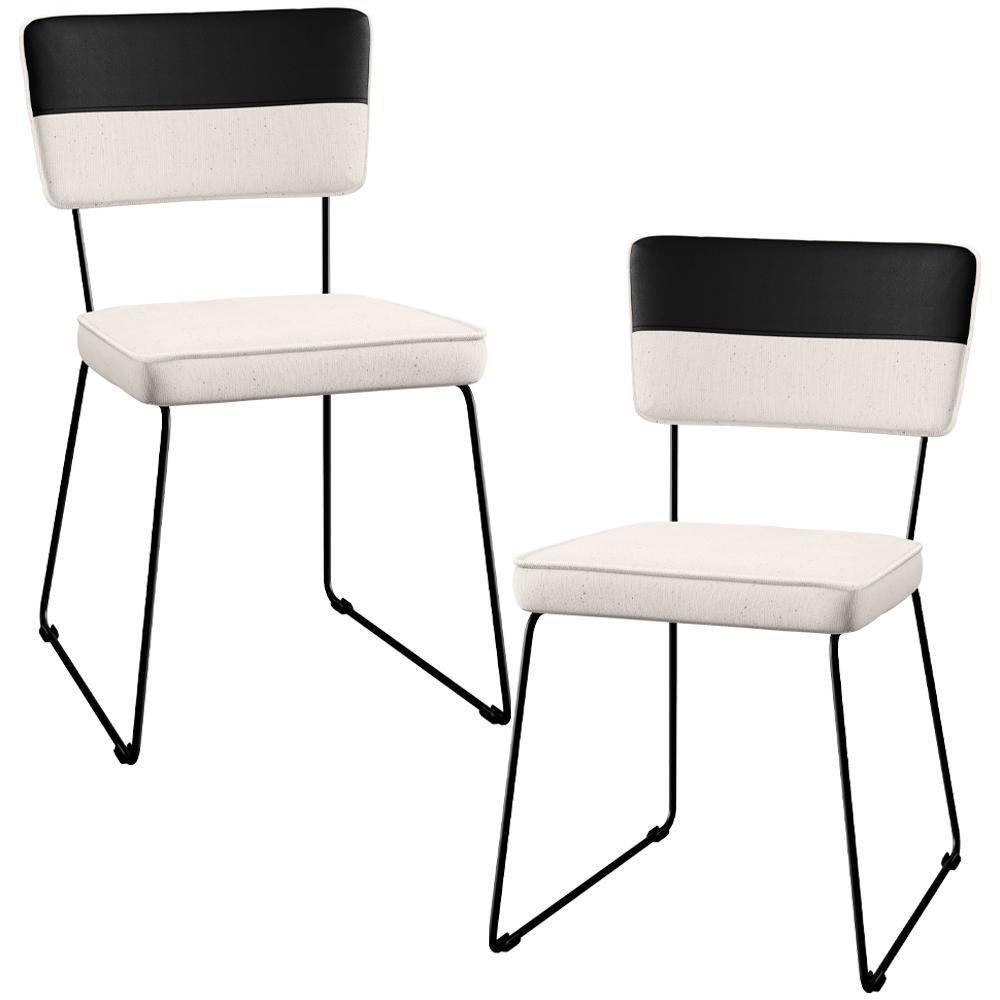 Kit 02 Cadeiras Estofada Faixa Corano Preto Linho Cru - 1