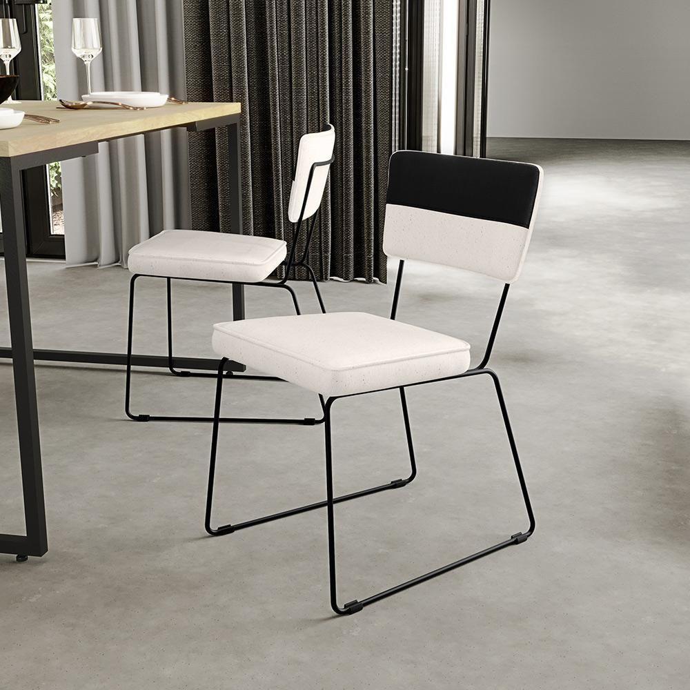 Kit 02 Cadeiras Estofada Faixa Corano Preto Linho Cru - 9