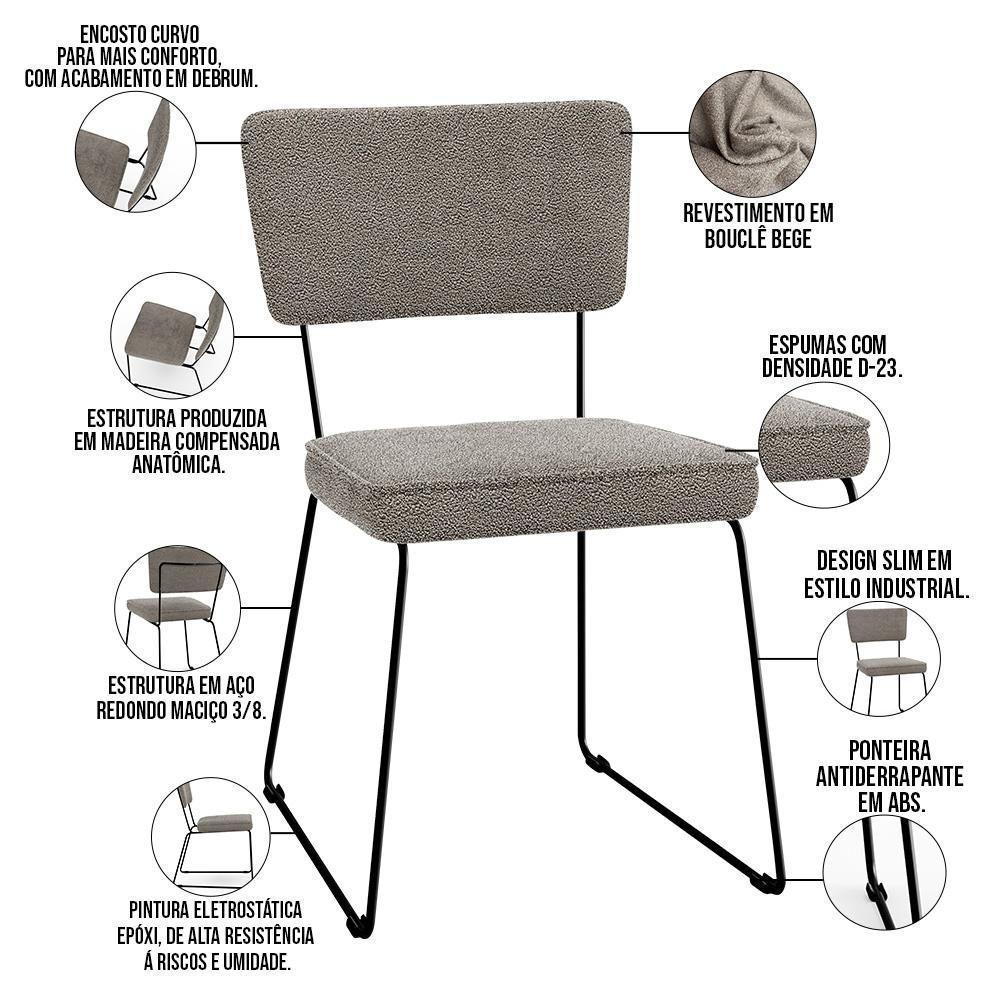 Kit 06 Cadeiras Estofada Base De Aço Allana L02 Bouclê Bege - 9