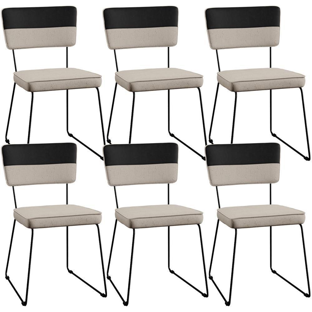 Kit 06 Cadeiras Estofada Faixa Corano Preto Linho Bege - 1