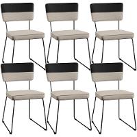Kit 06 Cadeiras Estofada Faixa Corano Preto Linho Bege - 1