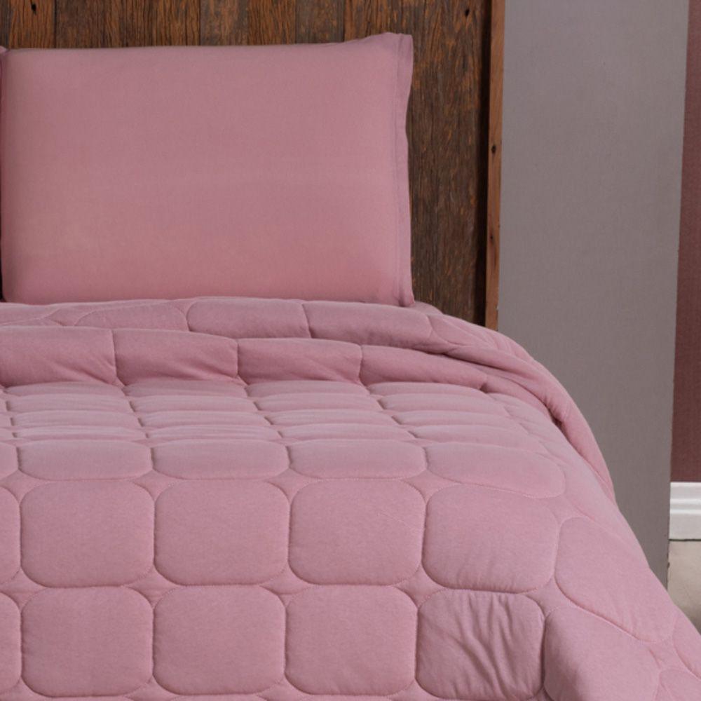 Kit Cobre Leito Colcha Livorno Solteiro Acolchoado Fofo Macio Malha 100% Algodão 2 Peças - Rosê - 1