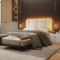 Cabeceira Estofada Iluminação Led Cama Box Casal 140 Cm linho Bege - 5