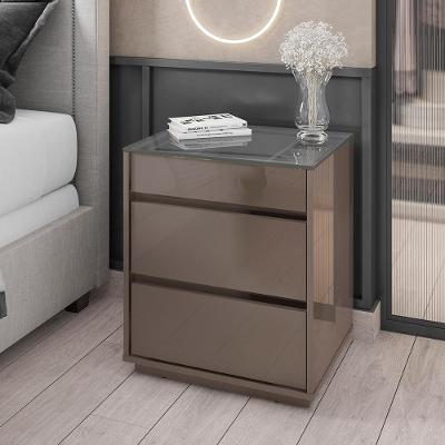 Mesa De Cabeceira Quarto Belize 3 Gavetas E Tampo De Vidro Cinza Perola