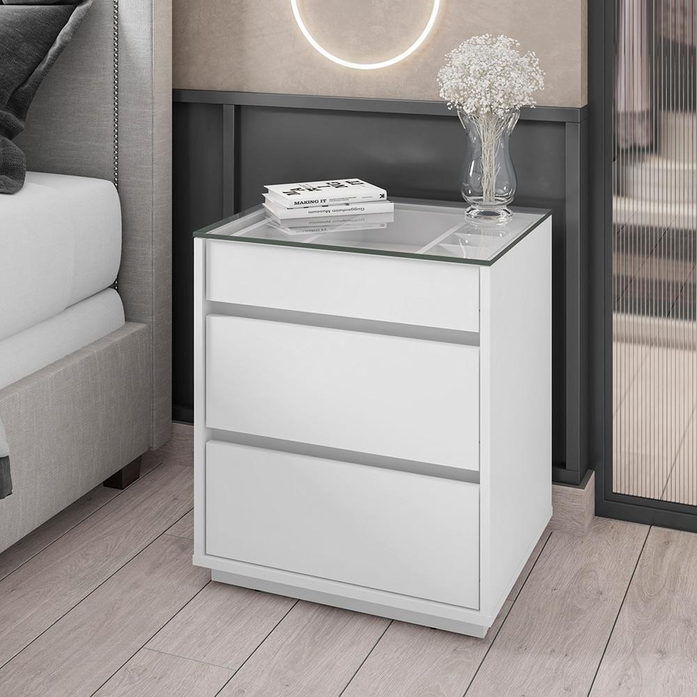 Mesa De Cabeceira Quarto Belize 3 Gavetas E Tampo De Vidro Branco - 1