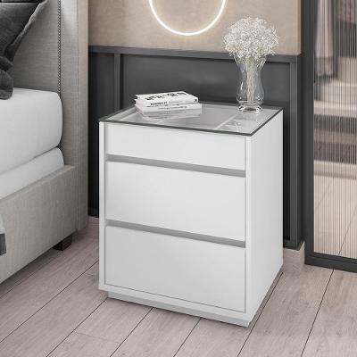 Mesa De Cabeceira Quarto Belize 3 Gavetas E Tampo De Vidro Branco