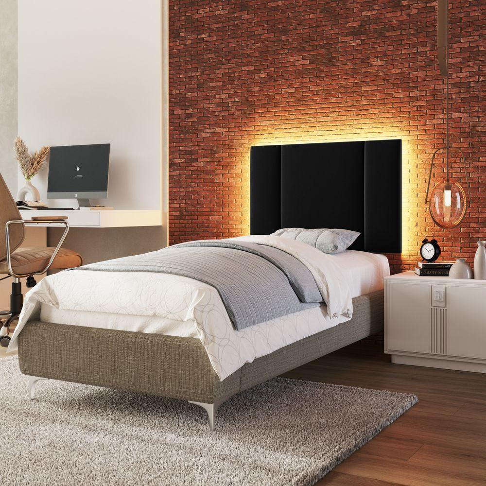Cabeceira Estofada Cama Box Solteiro Com Led Moderna 90 Cm veludo Preto - 2
