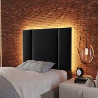 Cabeceira Estofada Cama Box Solteiro Com Led Moderna 90 Cm veludo Preto - 3