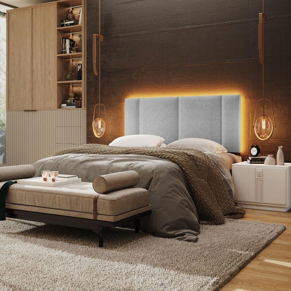 Cabeceira Estofada Iluminação Led Cama Box Casal 140 Cm linho Cinza - 7
