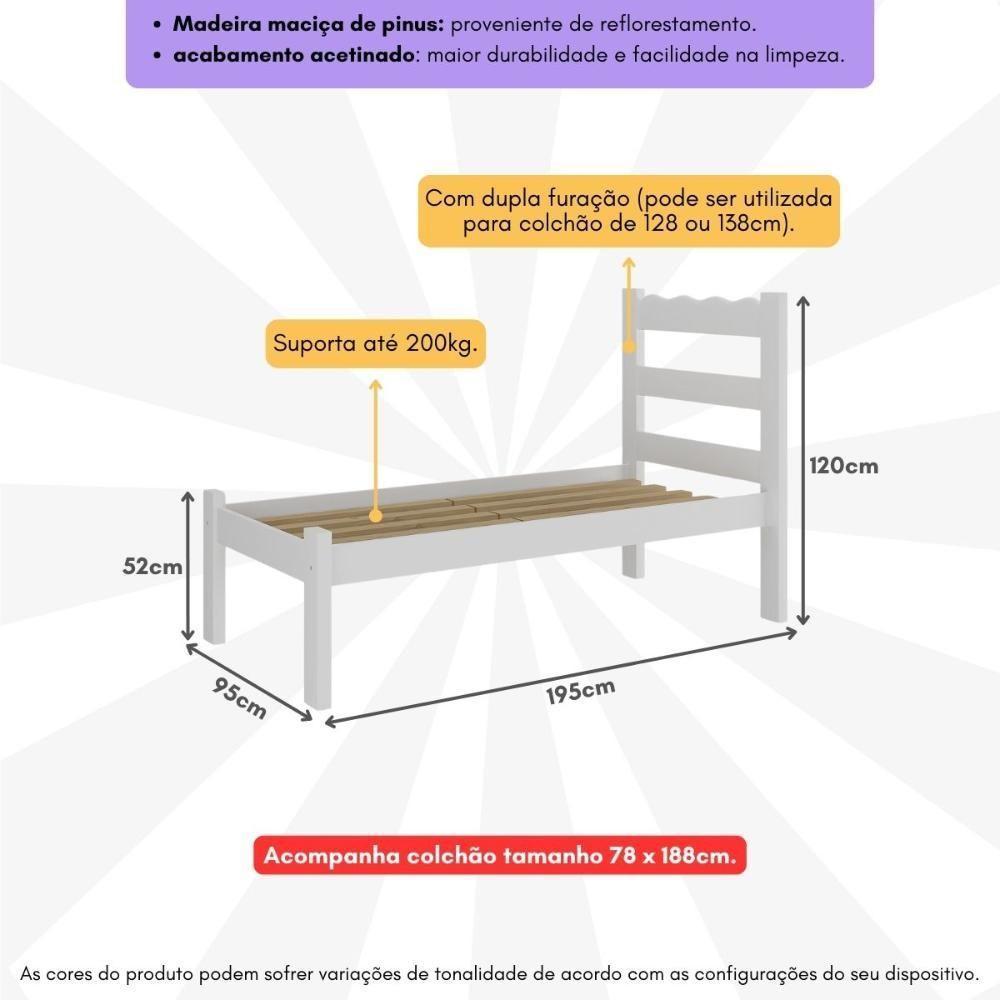 Cama De Solteiro Madeira Maciça Com Colchão Incluso Multimóveis Branco - 3
