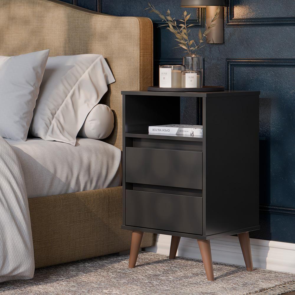 Kit 2 Mesa De Cabeceira Roma Quarto Com 2 Gavetas Preto - 2