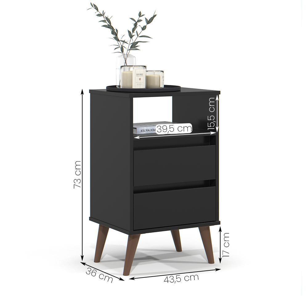 Kit 2 Mesa De Cabeceira Roma Quarto Com 2 Gavetas Preto - 4