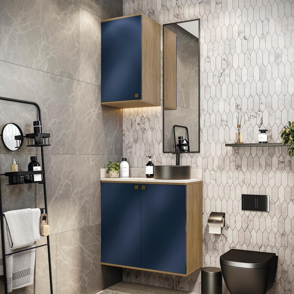 Conjunto Para Banheiro Com Aéreo Kappesberg Celeste 2 Peças Nogueria/azul 80cm - 1