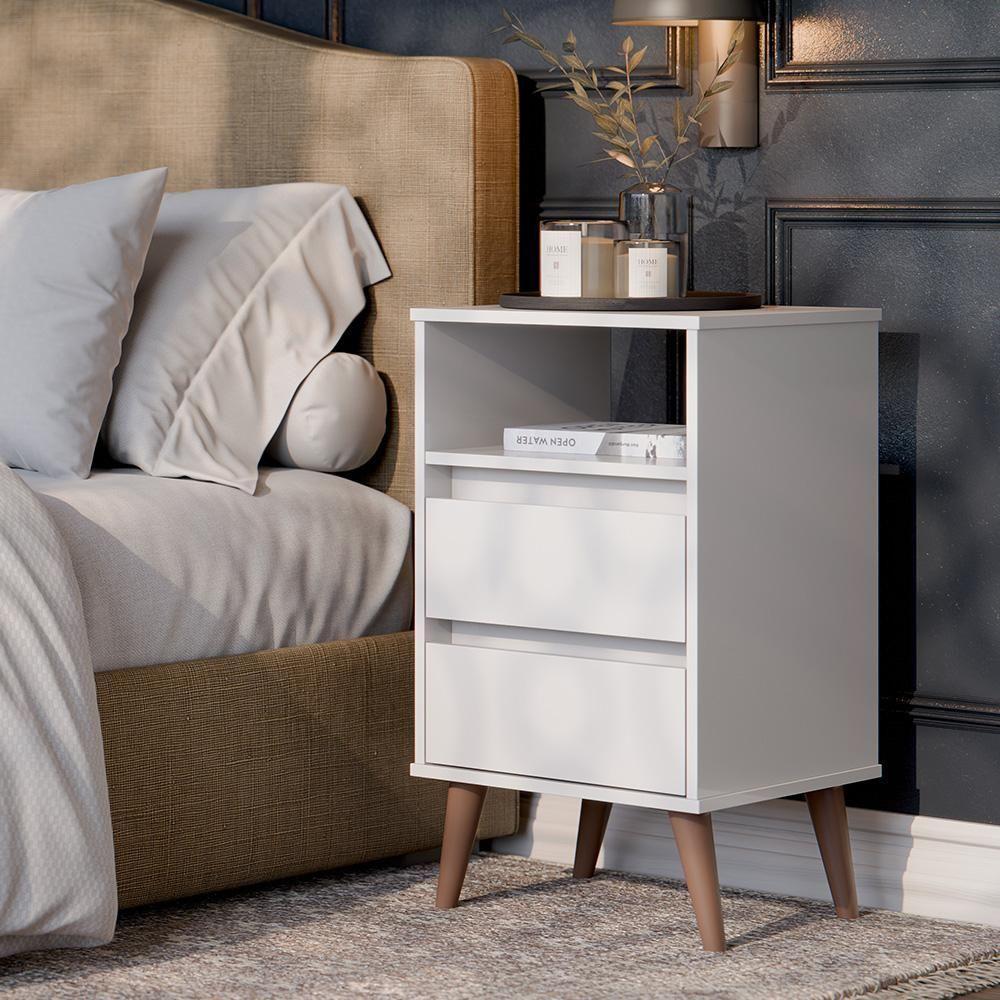 Kit 2 Mesa De Cabeceira Roma Quarto Com 2 Gavetas Branco - 2