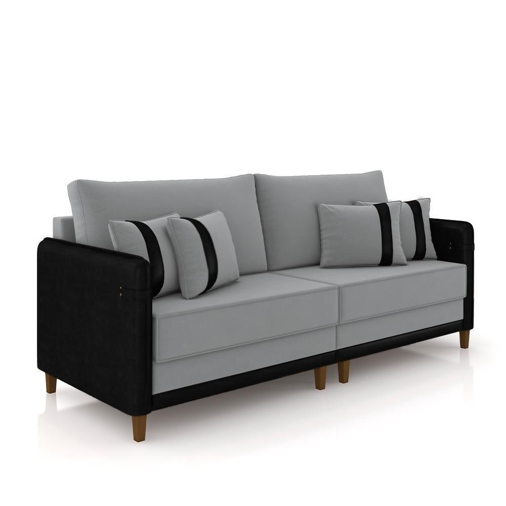 Sofá Living Montecarlo 3 Lugares Bipartido 232cm Pés Em Madeira Veludo-pu Cinza-preto G33 Gran Belo - 3