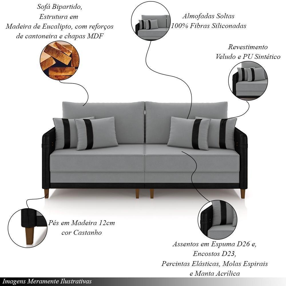 Sofá Living Montecarlo 3 Lugares Bipartido 232cm Pés Em Madeira Veludo-pu Cinza-preto G33 Gran Belo - 5