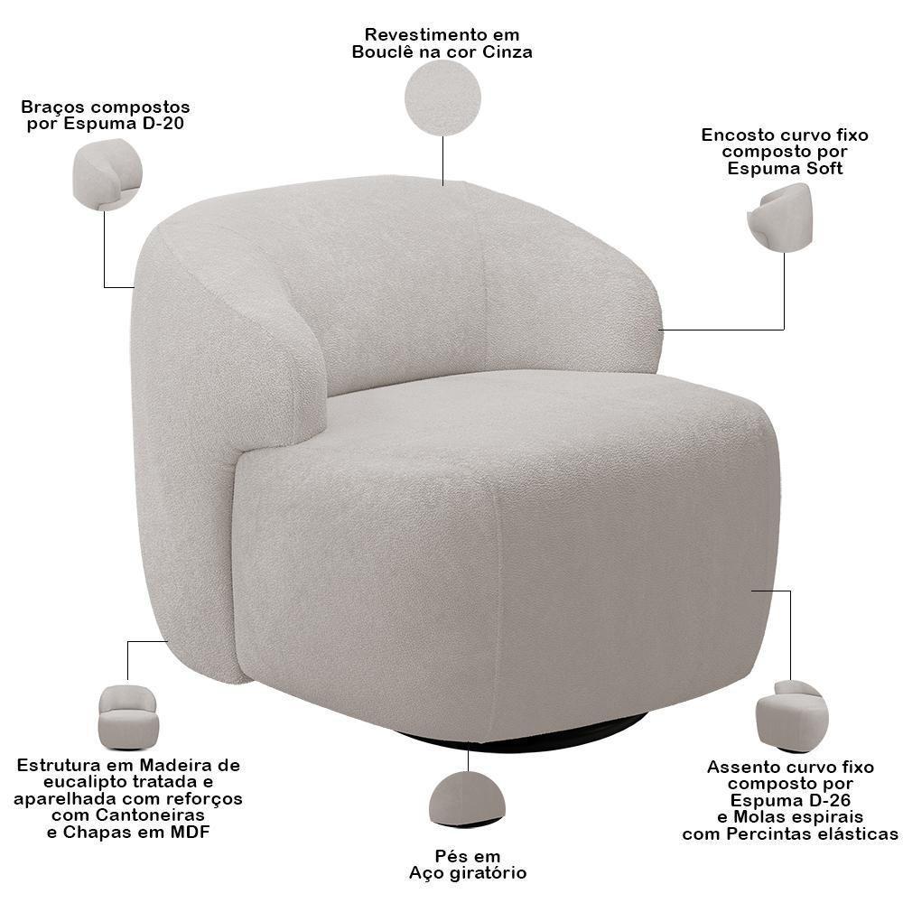 Sofá 4 Lugares Curvo Orgânico Com 02 Poltronas Living 280cm Barolo L06 Bouclê Cinza - 9