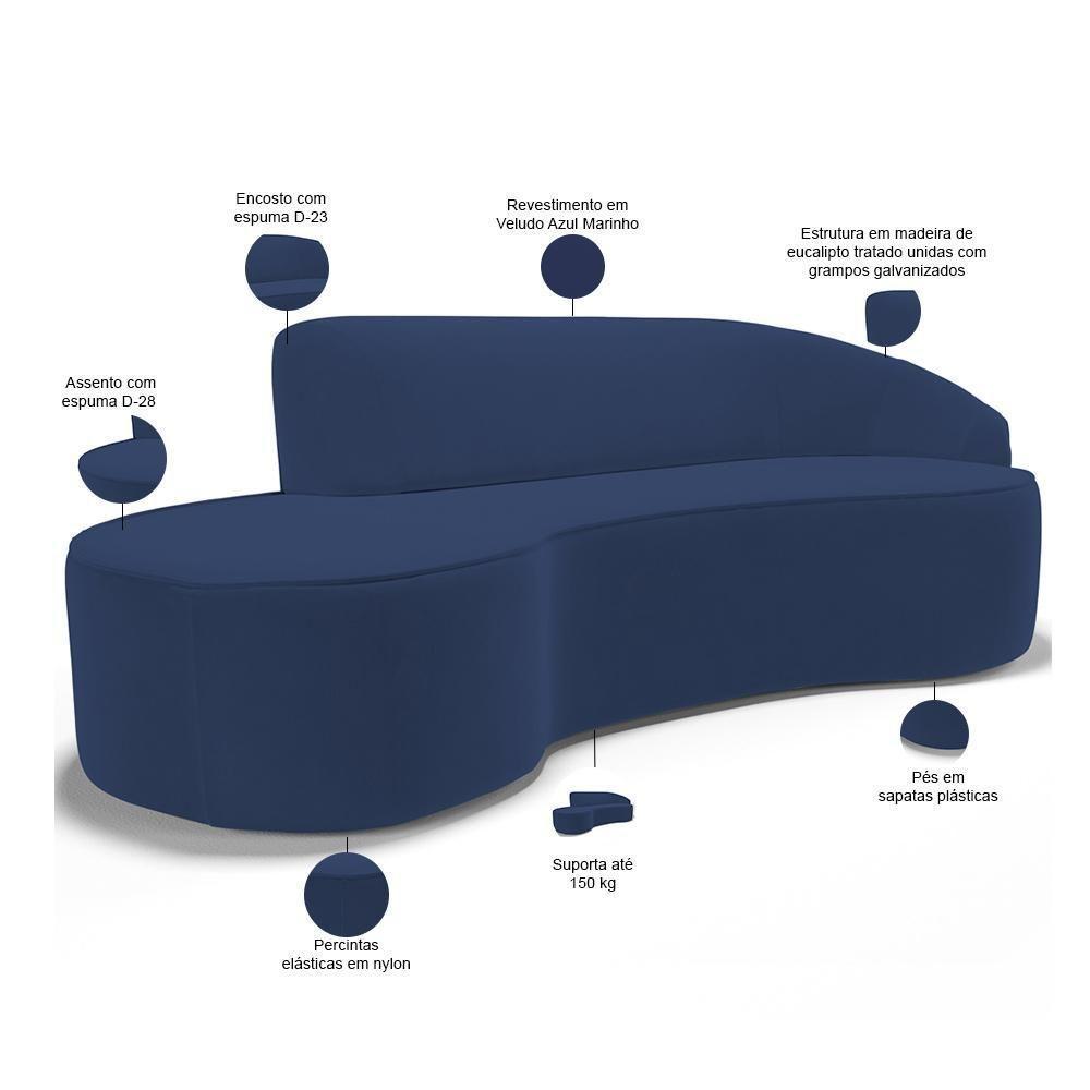 Sofá 3 Lugares Curvo Living Firenze Direito D02 Veludo Azul Marinho 230cm C-304 - Lyam - 5