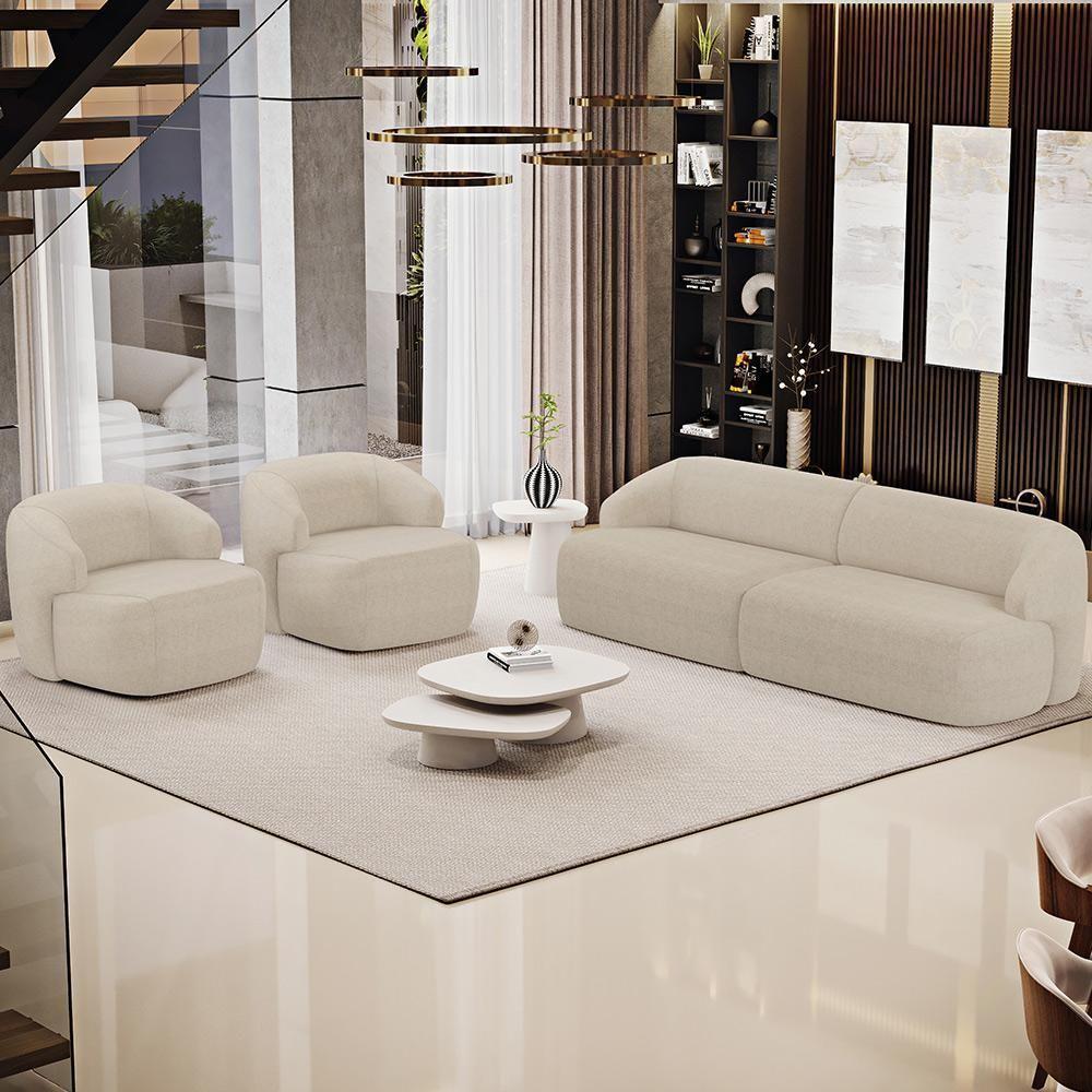 Sofá 3 Lugares Curvo Orgânico Com 02 Poltronas Living 250cm Barolo L06 Linho Bege Escuro - 8