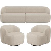 Sofá 3 Lugares Curvo Orgânico Com 02 Poltronas Living 250cm Barolo L06 Linho Bege Escuro - 1