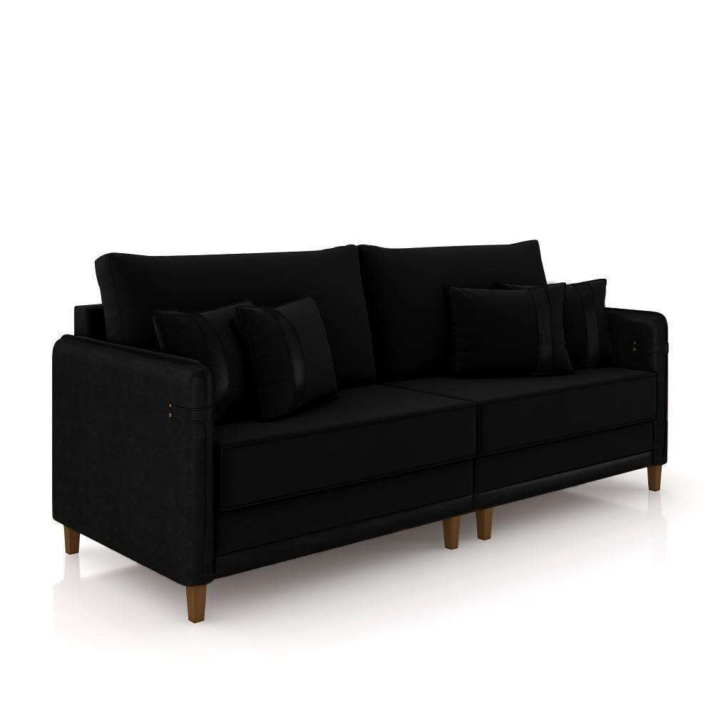 Sofá Living Montecarlo 3 Lugares Bipartido 232cm Pés Em Madeira Veludo-pu Preto G33 Gran Belo - 1