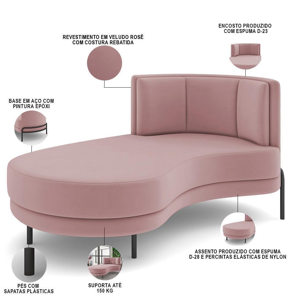 Sofá Chaise Longue Living Lucca Esquerdo D02 Veludo Rosê C-305 - 5