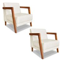 Kit 02 Poltronas Decorativa Natália Linho Base Em Madeira Castanho - Pallazio Natural - 1