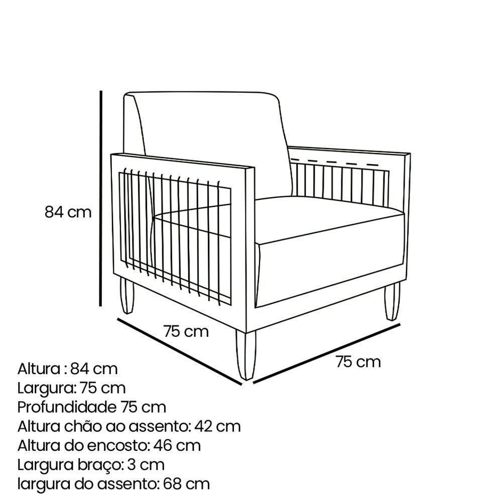 Kit 2 Poltronas E Sofá Living 2 Lugares Marilia 1,60m Corano Preto Base Em Madeira Castanho - 4