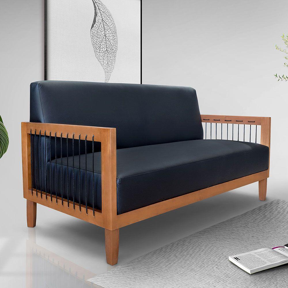 Kit 2 Poltronas E Sofá Living 2 Lugares Marilia 1,60m Corano Preto Base Em Madeira Castanho - 6