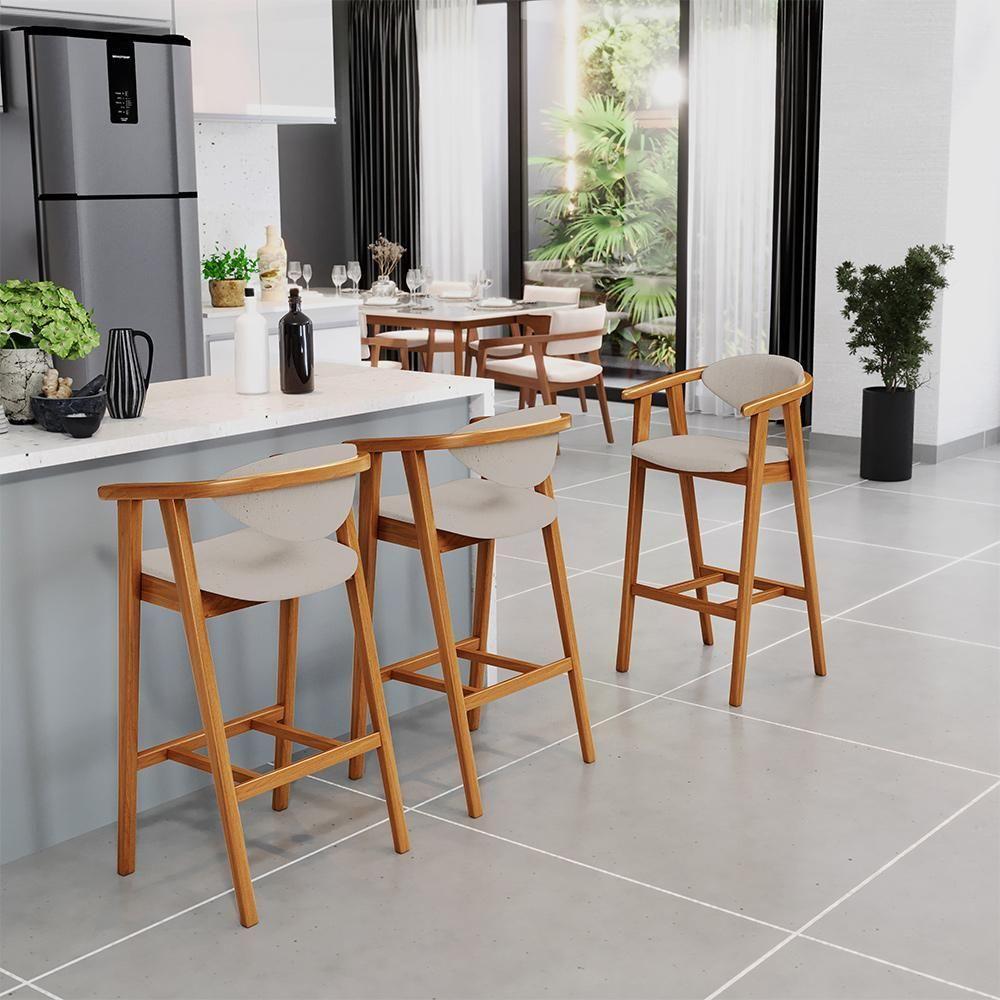 Banqueta Alta Para Cozinha Bancada Bar Sala De Jantar Fixa Cecília L02 Linho Bege - 5
