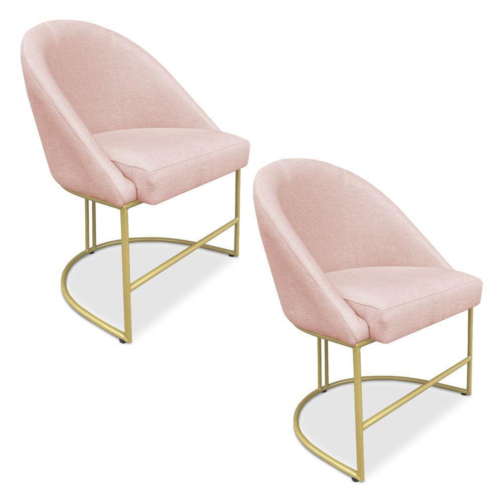 Kit 02 Cadeiras Poltrona De Jantar Bela Suede Rosa Bebê Base Metálica Industrial Dourado - Pallazio - 1
