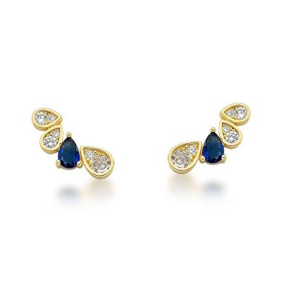 Brinco Earcuff Delicado Com Zirconia Banhada A Ouro 18k - Azul