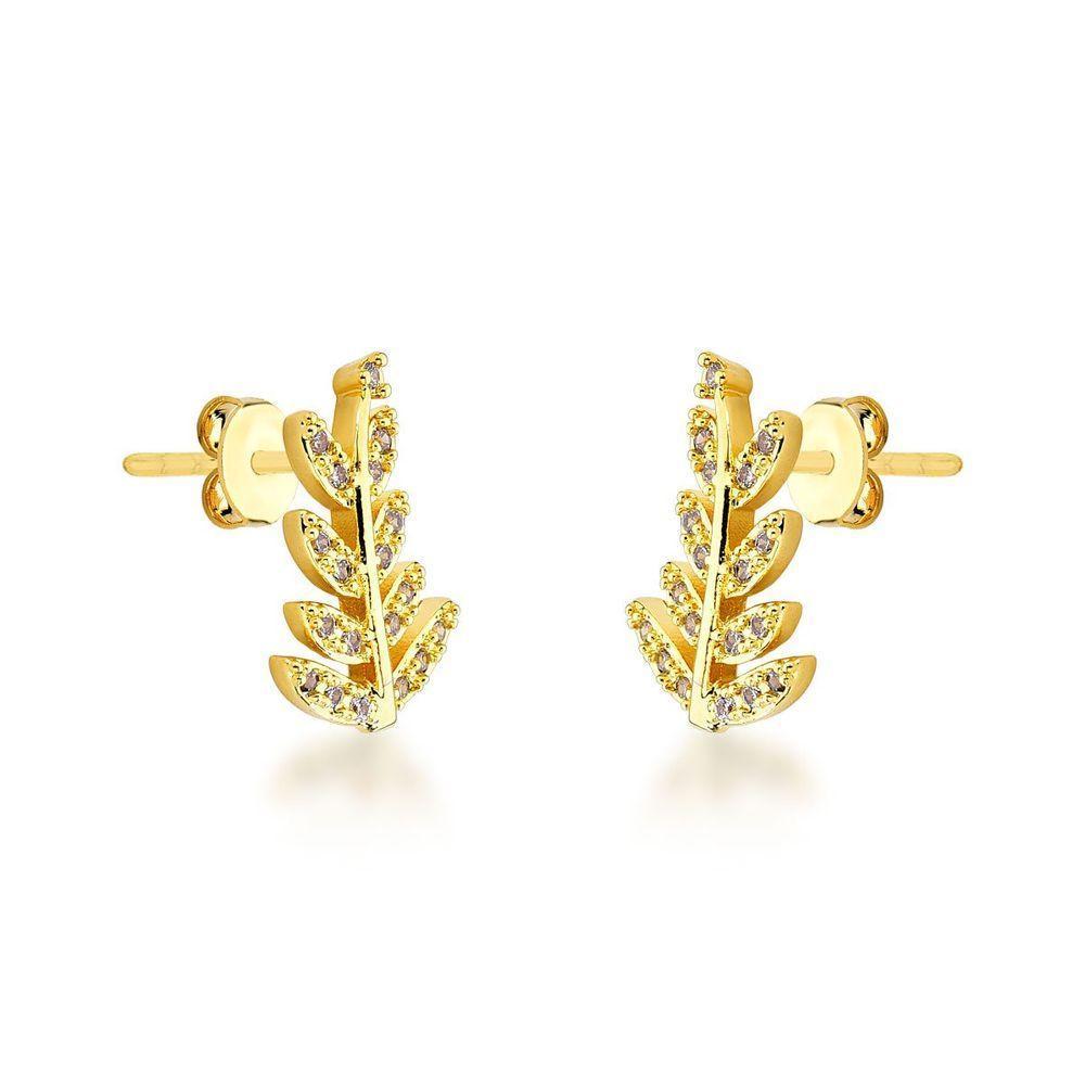 Brinco Folha Cravejada Com Zirconias Cristais Banhado A Ouro 18k - 2
