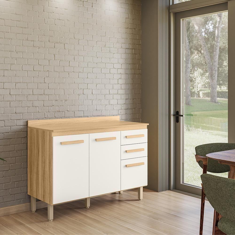 Balcão Intenza Com Tampo 120 Cm Com 3 Portas E 2 Gavetas Freijo/off White - 1