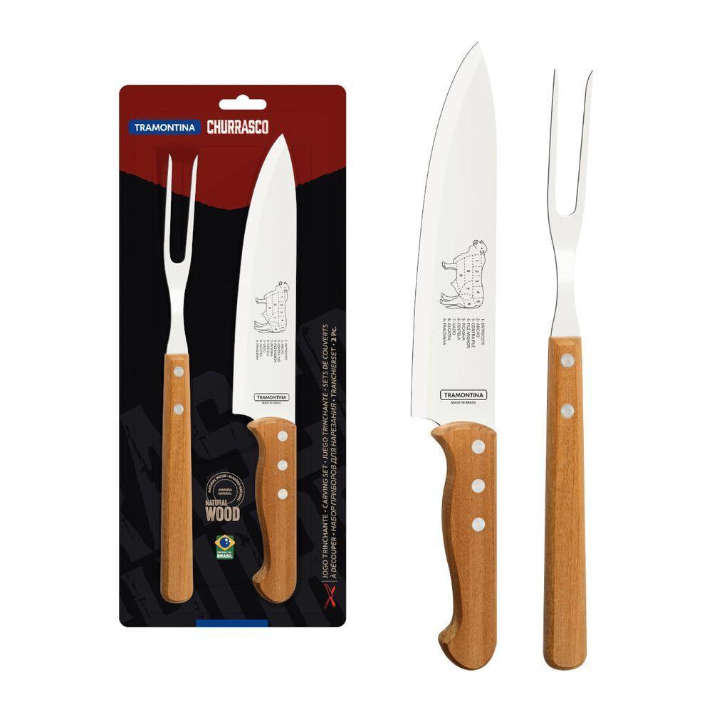 Jogo Trinchante Churrasco Tramontina Aço Inox e Cabos De Madeira Natural 2 Peças - 2