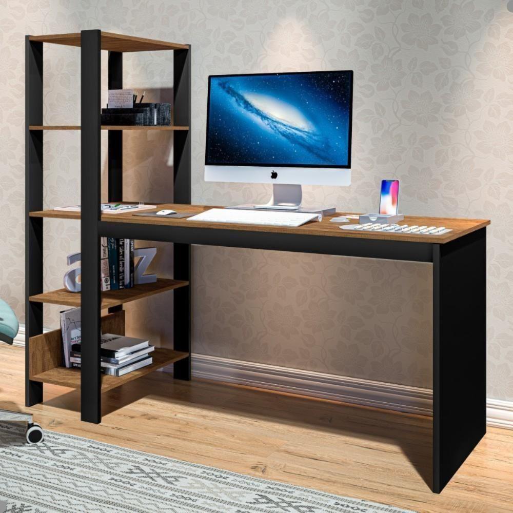 Mesa Com 4 Prateleiras Para Escritorio Cairo Preto Canela - 1