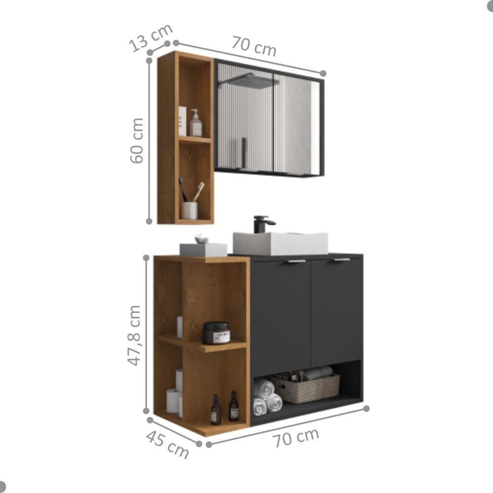 Jogo De Gabinete E Espelheira Toulon Preto Fosco Naturalle - 4