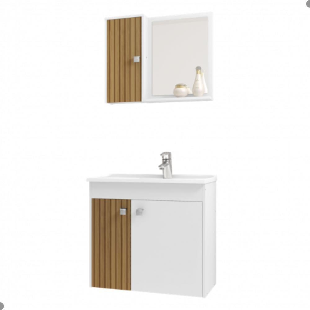 Conjunto Gabinete E Espelheira Colmar Branco Ripado - 4