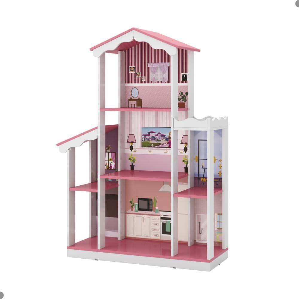 Casa De Boneca Adesivada 8 Cômodos Mugla Branco Rosa - 1