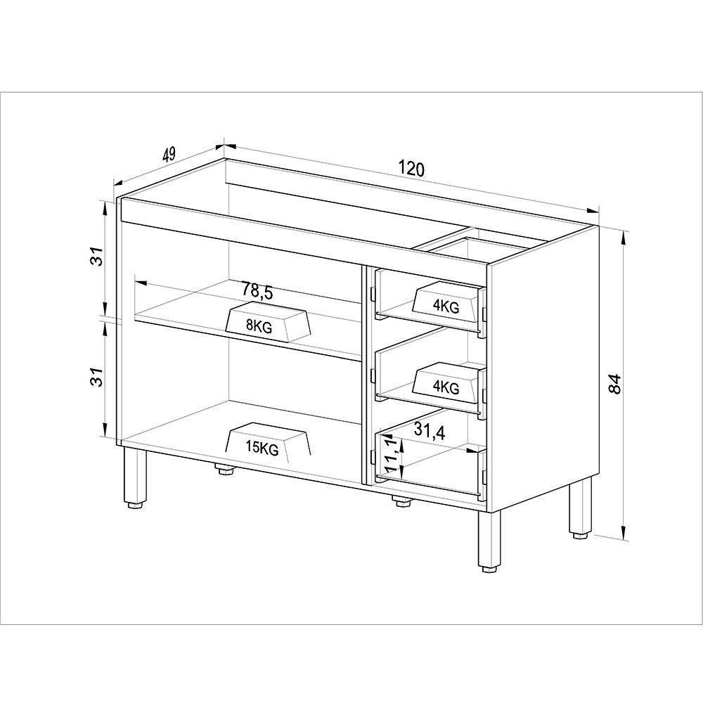 Balcão De Cozinha Para Pia 120 Cm 2 Portas 3 Gavetas Quiditá Fumê - 4
