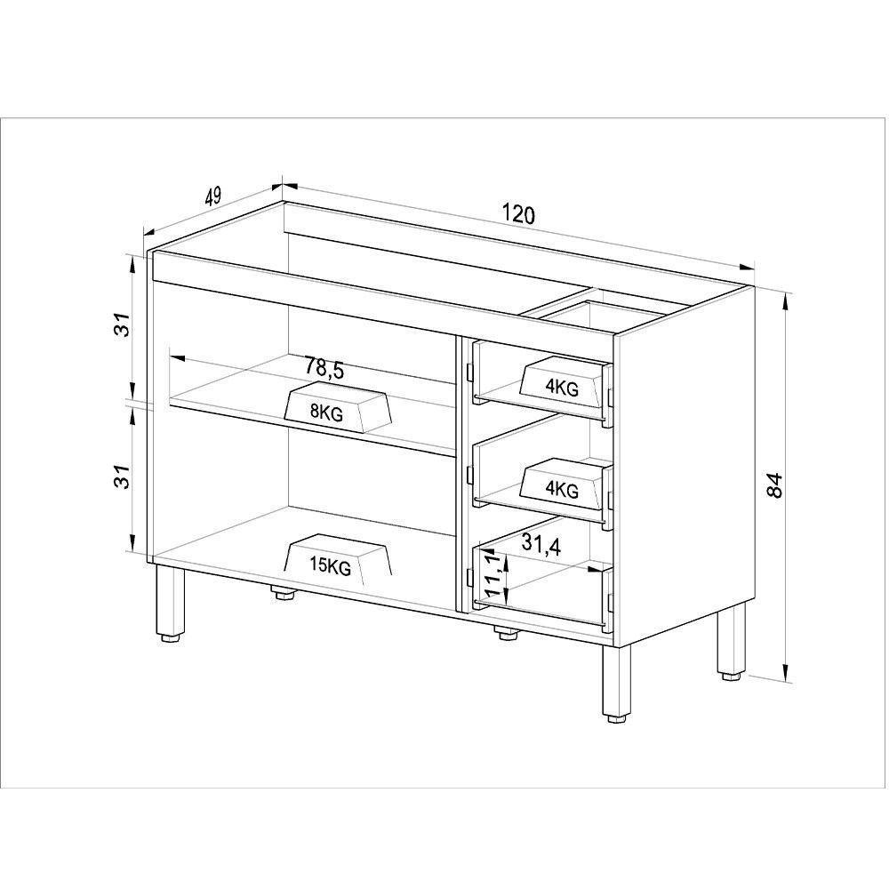 Balcão De Cozinha Para Pia 120 Cm 2 Portas 3 Gavetas Quiditá Fumê/grafite - 4