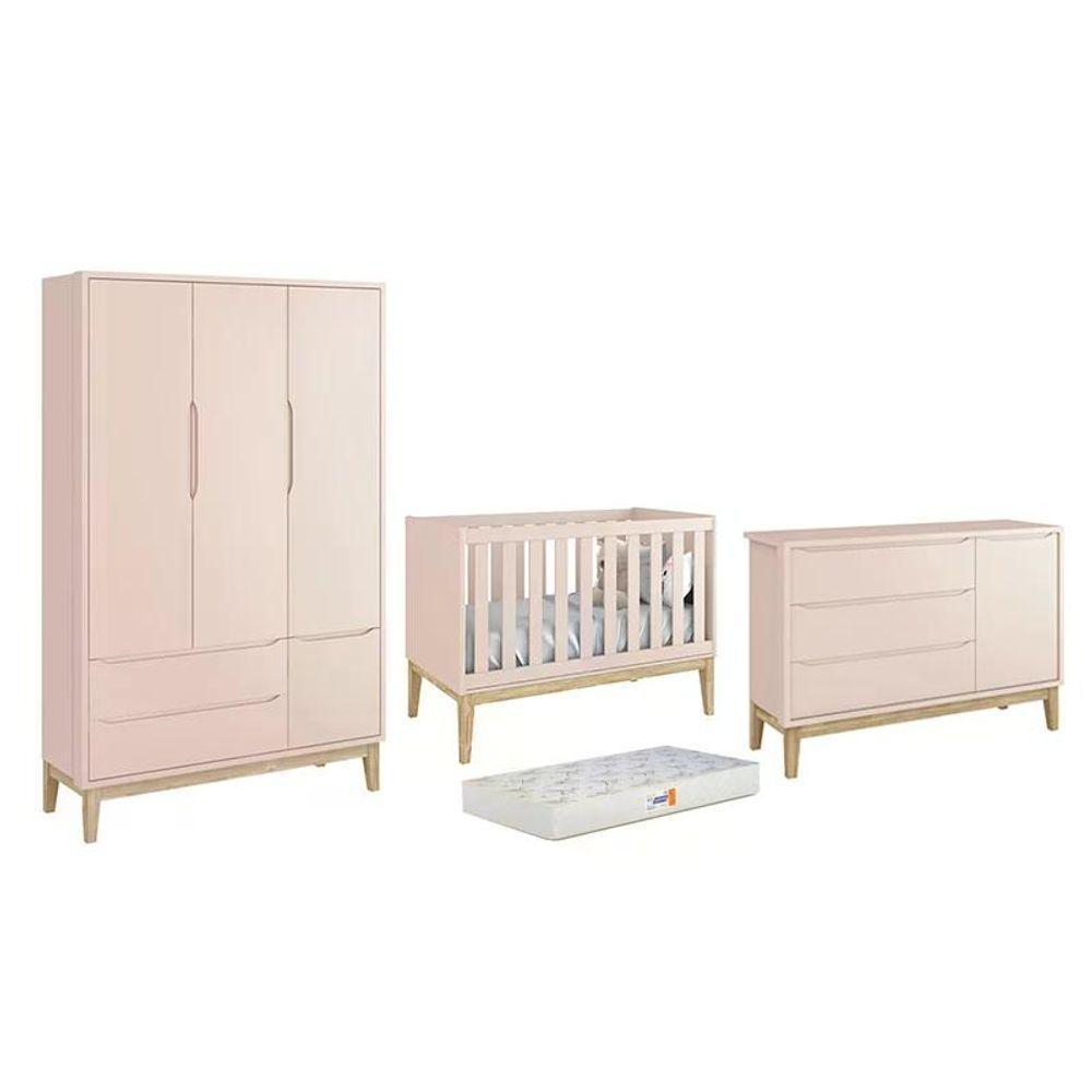 Dormitório Classic 3 Portas Rosa Com Pés Madeira Natural E Colchão D18 Branco - Reller Móveis Rosa - 1